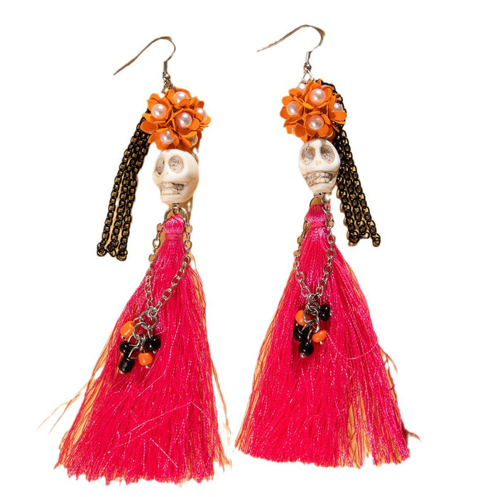 Halloween funny skull tassel rice bead earrings personality creative flower earrings for women