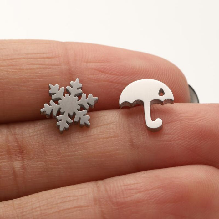 Asymmetric Snowflake and Umbrella Stainless Steel Stud Earrings - Winter-Themed Jewelry