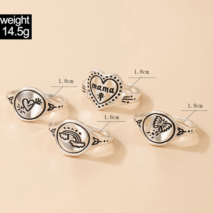 Vintage Alphabet Rainbow Butterfly Ring 4-Piece Set