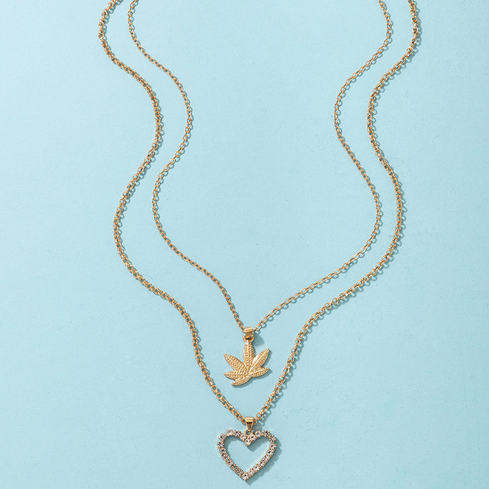 Diamond Heart Double Layer Necklace with Geometric Maple Leaf Multi-Layer Design