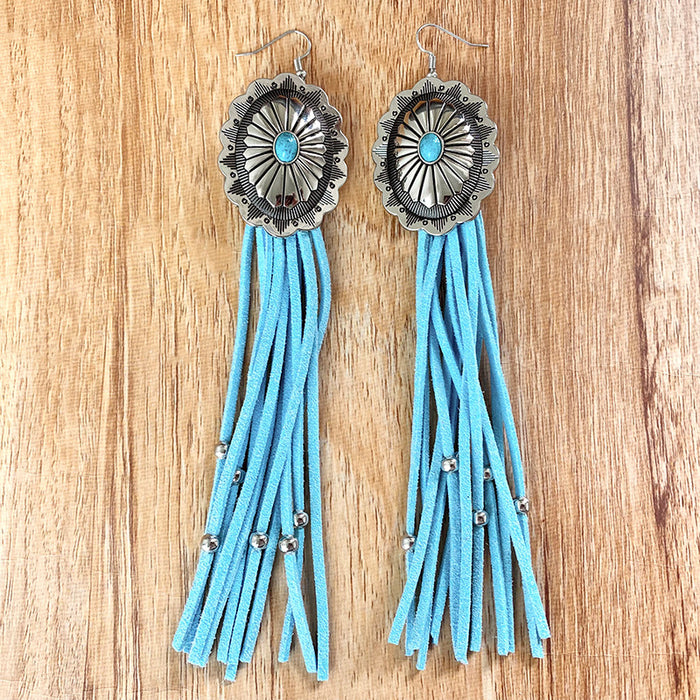 Western Pumpkin Flower Long Tassel Earrings with Vintage Turquoise Leather