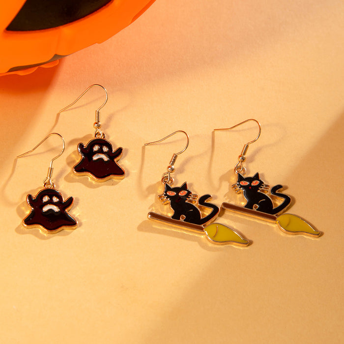 Juego de pendientes con forma de gato y calabaza divertidos de Halloween con gotas de aceite oscuro y cara de fantasma para mujer