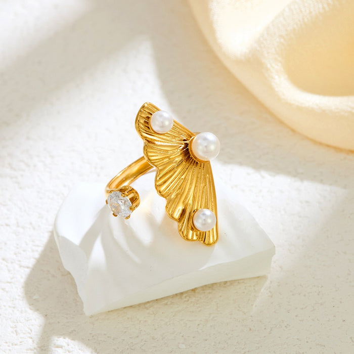 Wholesale stainless steel hydraulic ginkgo leaf inlaid pearl open ring