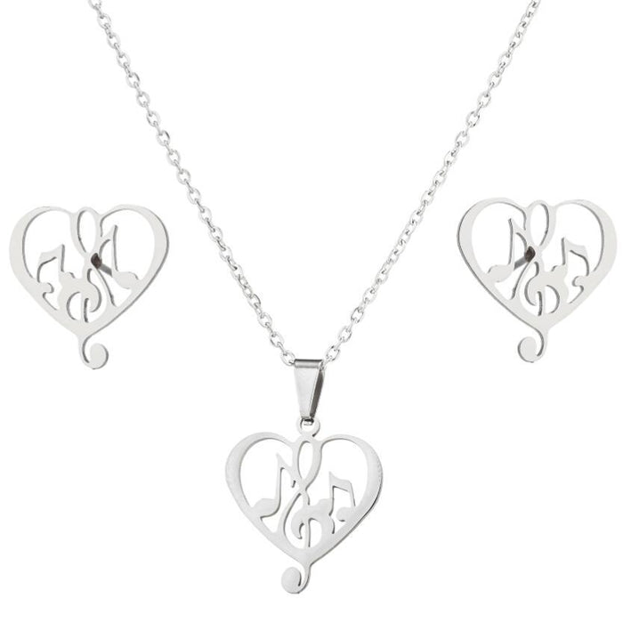 Geometric heart-shaped earrings and necklace set, stainless steel hollow musical note jewelry new wholesale