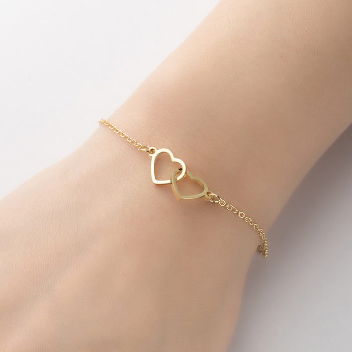 Pulsera geométrica de doble corazón de melocotón, joyería de moda de lujo ligera japonesa y coreana al por mayor