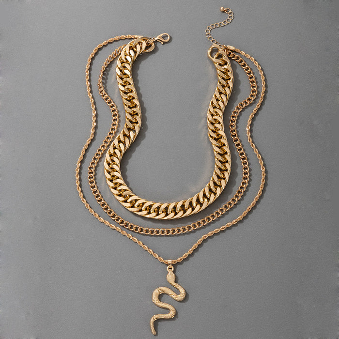 Snake Pendant Multilayer Necklace - Bold Punk Triple-Layer Chain Set