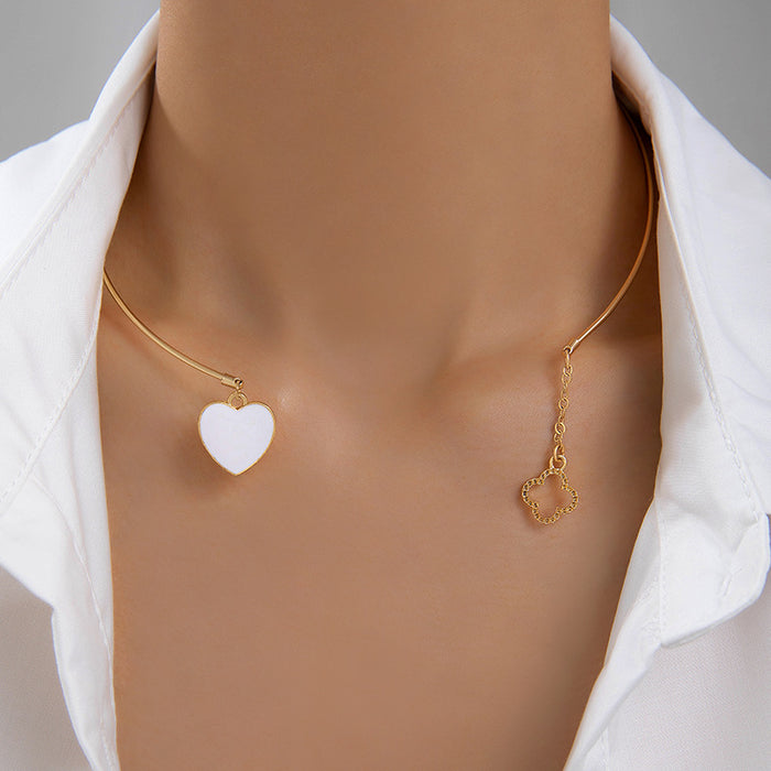 White Heart Pendant Necklace with Alloy Chain - Geometric Floral Jewelry for Women