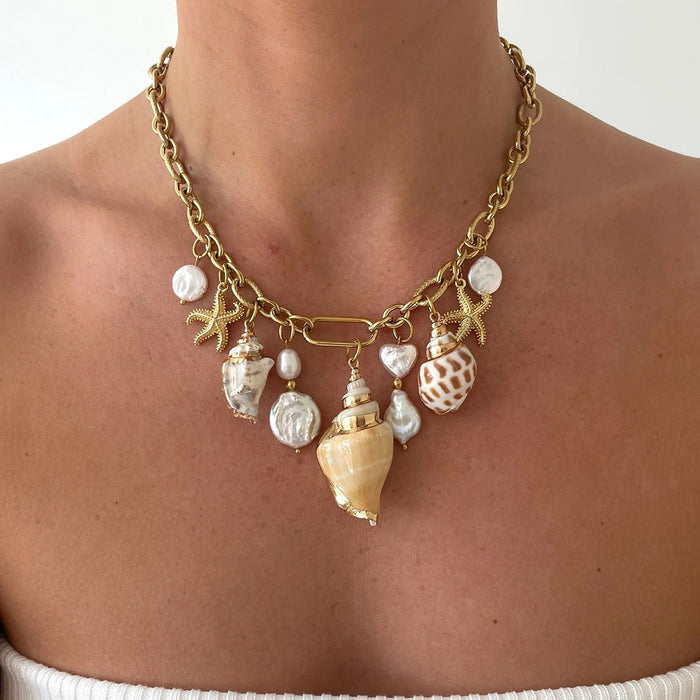 Conch hammer pattern starfish pearl pendant necklace, holiday style design necklace