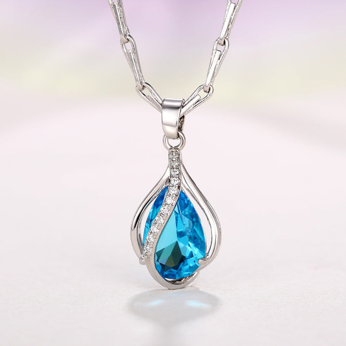 Sea blue heart teardrop zircon pendant, pear-shaped women's clavicle necklace