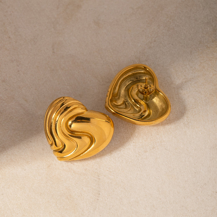 18K Gold Plated Stainless Steel Textured Heart Earrings - Unique Fashion Jewelry