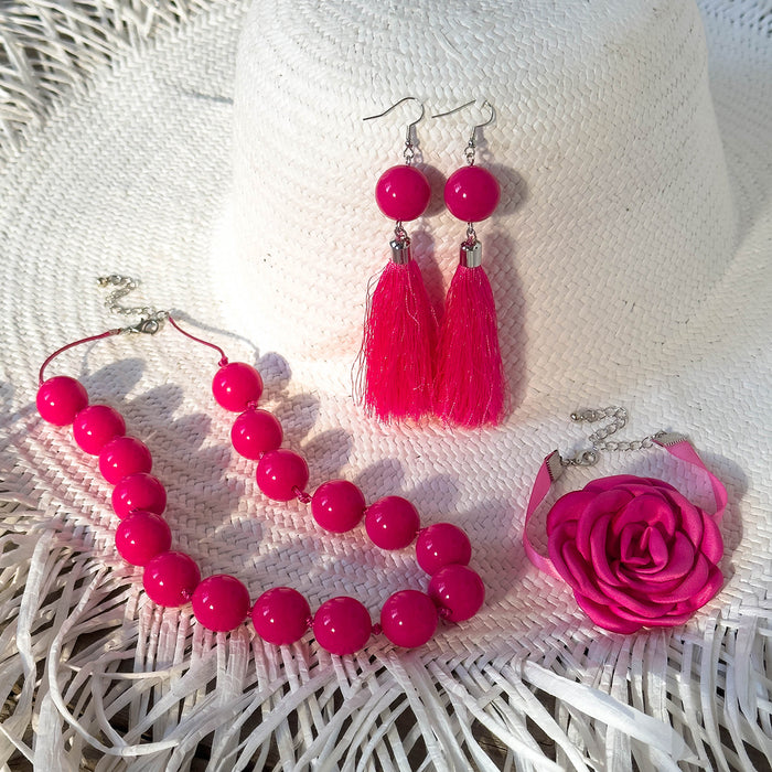 Conjunto de collar con lazo de rosa roja y pulsera de cuentas acrílicas: joyas para mujer con aretes a juego