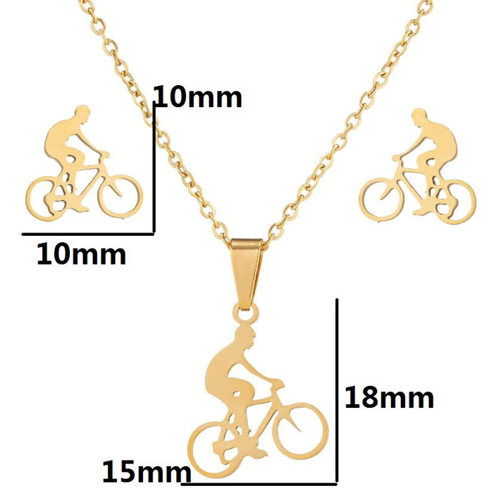 Bicycle series pendant necklace earrings set, ins European and American stainless steel women's sports jewelry