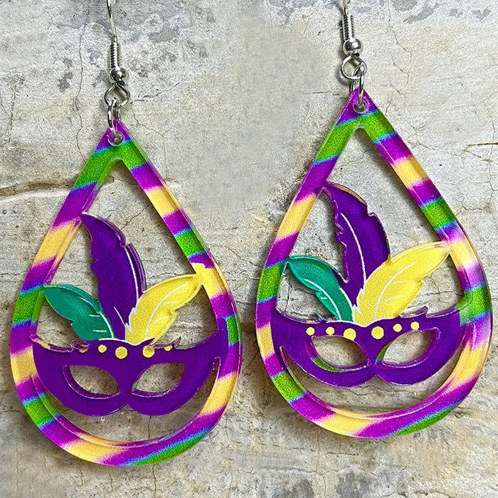 Pendientes de festival de colores de carnaval con diseño de lágrima de máscara exagerada brillante