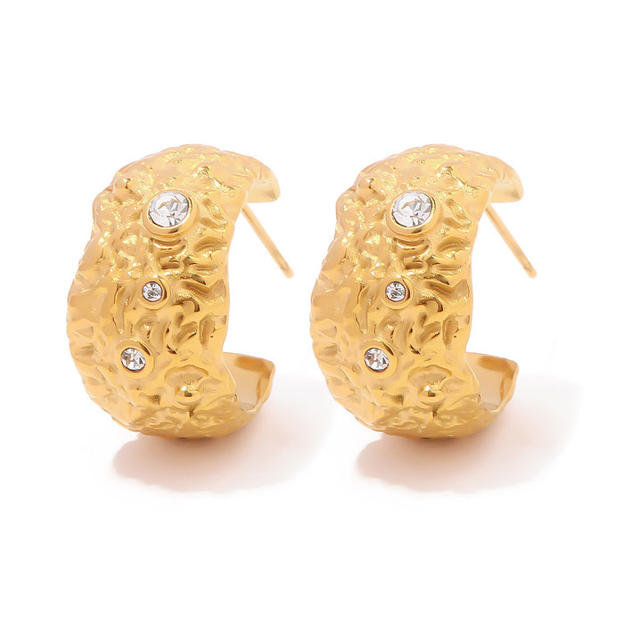 French Style Luxury 18K Gold C-Shaped White Diamond Earrings - Hollow Titanium Steel Jewelry