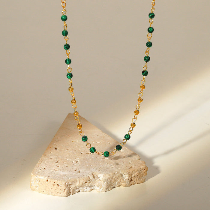 18K Gold-Plated Small Round Bead Necklace with Green Malachite - Women's Vintage Jewelry