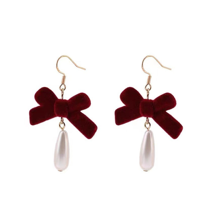 Bow Pearl Earrings Retro Japanese S925 Silver Needle Wine Red Earrings