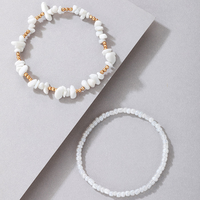 Simple White Stone Double-Layer Anklet - Chic Golden Beaded Multi-Layer Ankle Bracelets