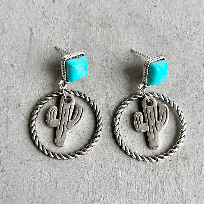 Western Bohemian Ethnic Cactus Earrings with Vintage Turquoise and Alloy Design