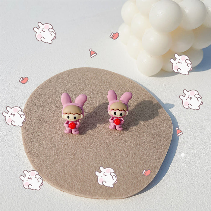 Cartoon rabbit bear earrings S925 silver needle soft cute earrings