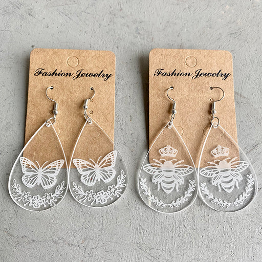 Transparent Acrylic Water Drop Bee Butterfly Earrings - wallojewerly 