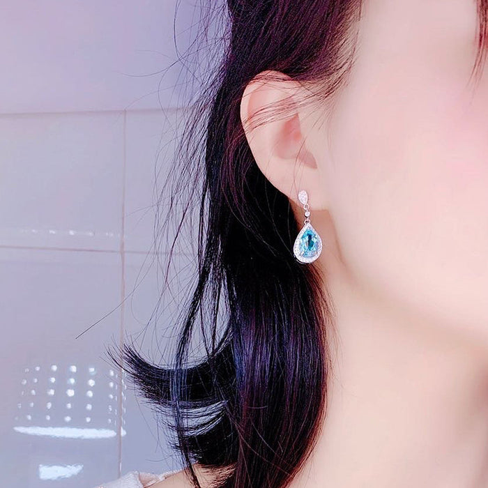 Colored Treasure Water Drop Sea Blue Zircon Earrings Mother's Day Gift