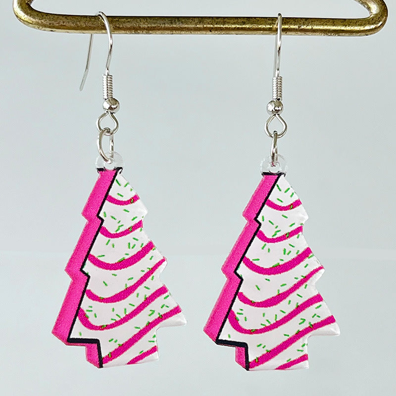 Pink Acrylic Christmas Santa Claus Christmas Tree Rugby Lightning Earrings - wallojewerly 