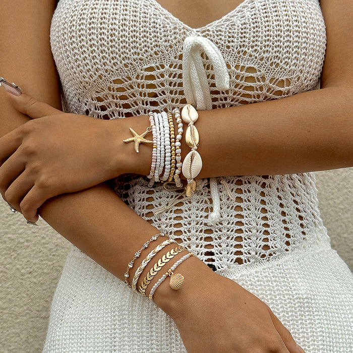 Bohemian Shell and Beaded Bracelet Set - Eleven-Piece Beach Style Beaded Jewelry