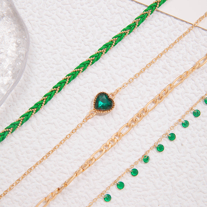 Green Heart Rhinestone Anklet Set with Woven Rope - Multilayer Beach Jewelry