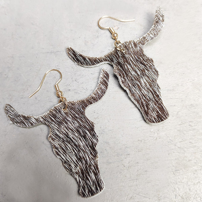 Lightweight Western Cowboy Earrings with Long Hair Leather and Bullhead Design