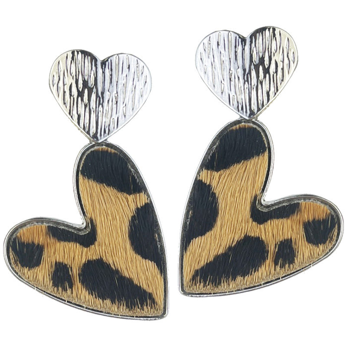 Metal Double Heart Earrings with Cow Print and Leopard Print Leather Design