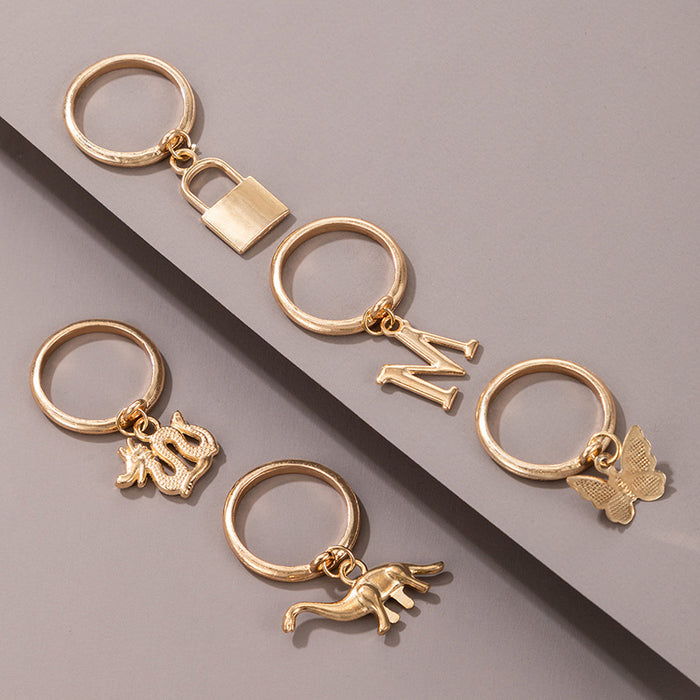 Dinosaur letter lock butterfly alloy 5-piece ring set for women