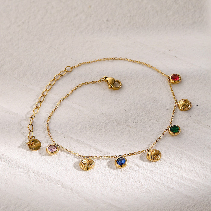 16K Gold Plated Stainless Steel Anklet - Fine Gold Chain with Colorful Zircon for Summer Fashion