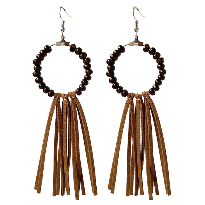 Bohemian Wood Bead Tassel Earrings with Unique Design