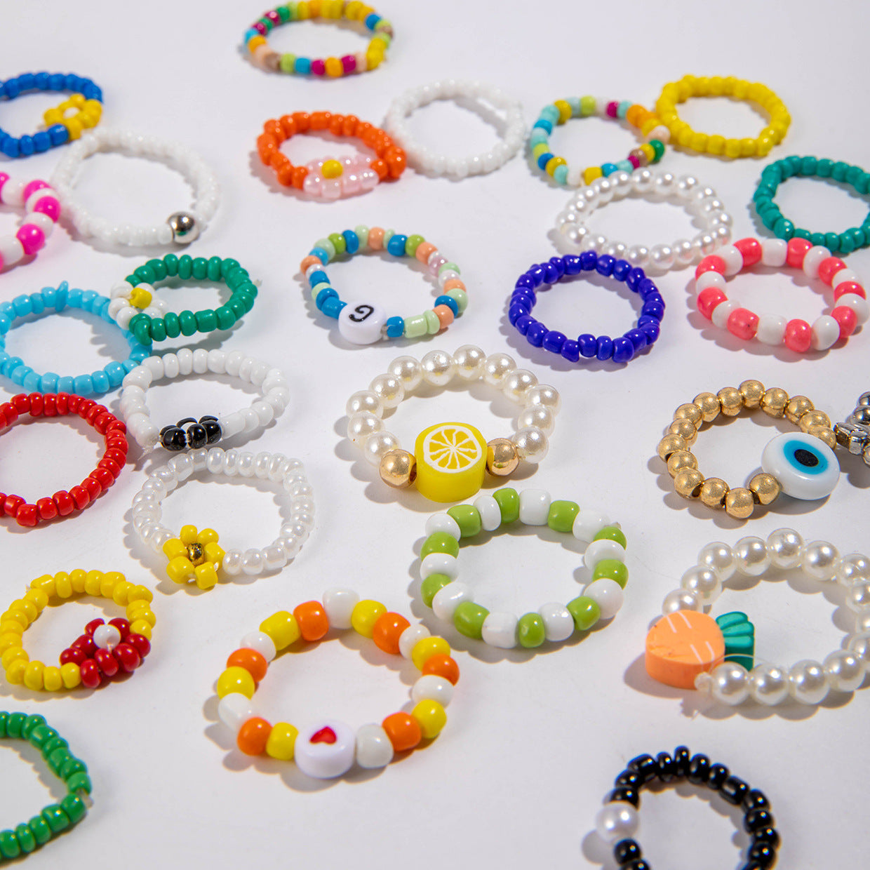 Colorful Beaded Flower Rings - 10pcs Set