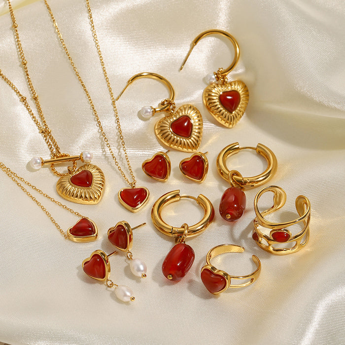 18K gold stainless steel red agate heart necklace pendant earrings