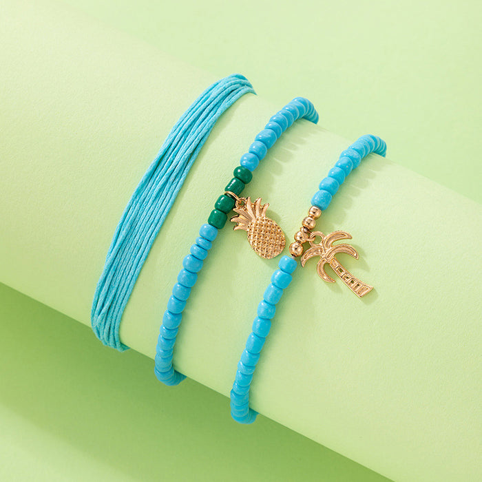 Tropical Pineapple and Palm Beach Beaded Alloy Bracelet Set