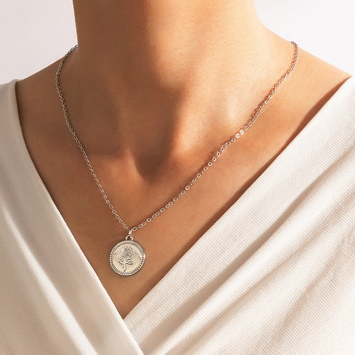 Rose Round Disc Pendant Necklace with Geometric Round Pendant Design