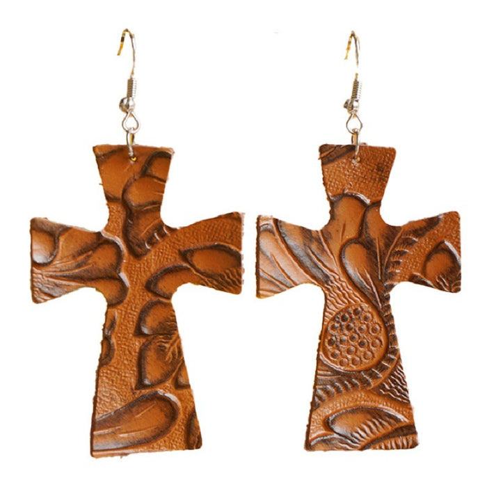 Vintage Embossed Leather Cross Earrings with Western Religious Style