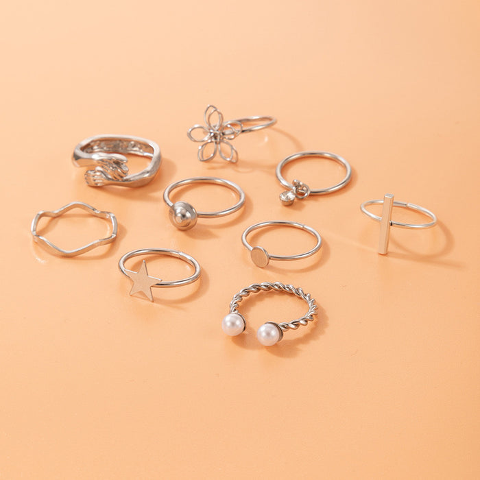 Three-dimensional flower star ring nine-piece set hand pearl diamond open combination