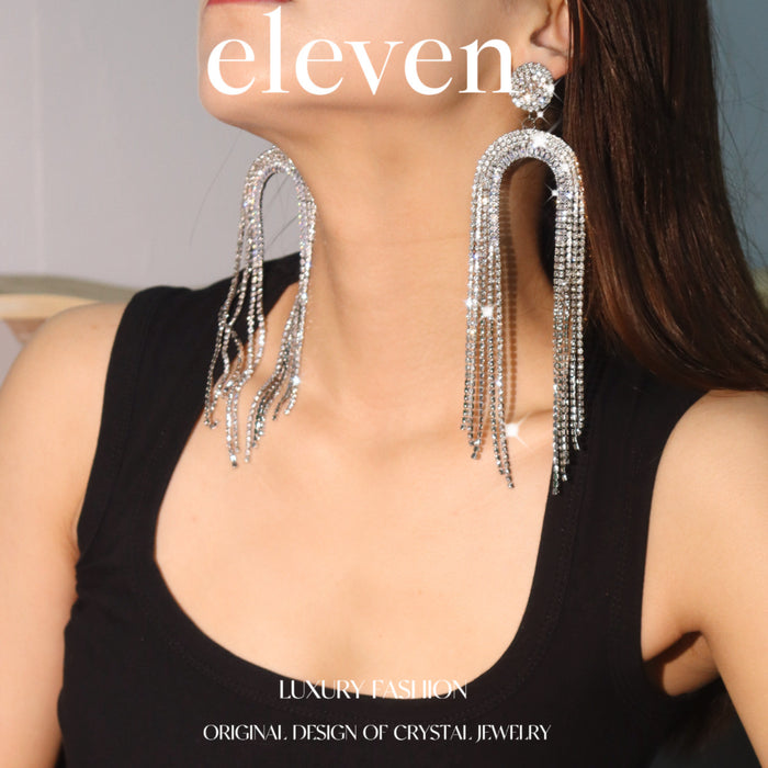 Exaggerated Arch Tassel Earrings - Full Rhinestone Dangles for Evening Gowns