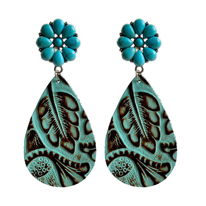 Embossed Leather Earrings with Bohemian Floral Turquoise and Pumpkin Flower Design