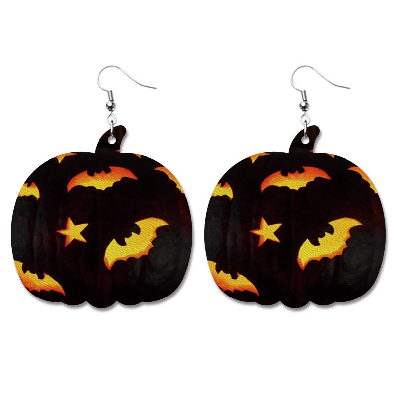 Creative Halloween PU Leather Earrings with Pumpkin and Bat Design - wallojewerly 
