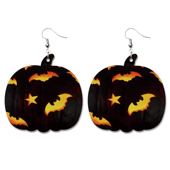 Creative Halloween PU Leather Earrings with Pumpkin and Bat Design