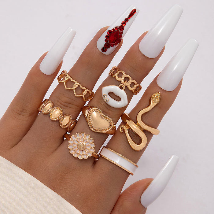 White Oil Drop Lips Heart Daisy Seven-Piece Ring Set