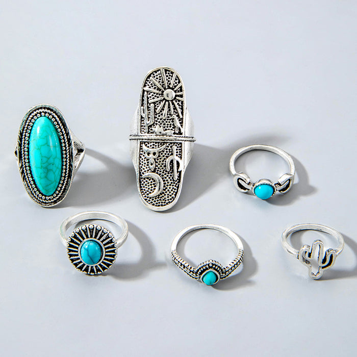 Bohemian Turquoise Cactus Ring Set - 6pcs Vintage Moon Rings