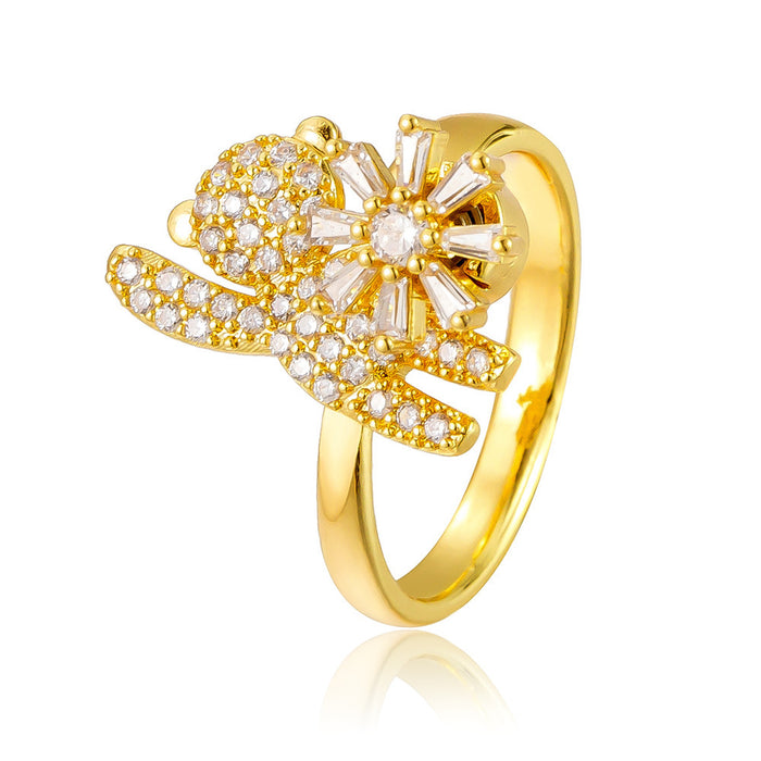 Wholesale diamond-encrusted teddy bear rotating flower rings
