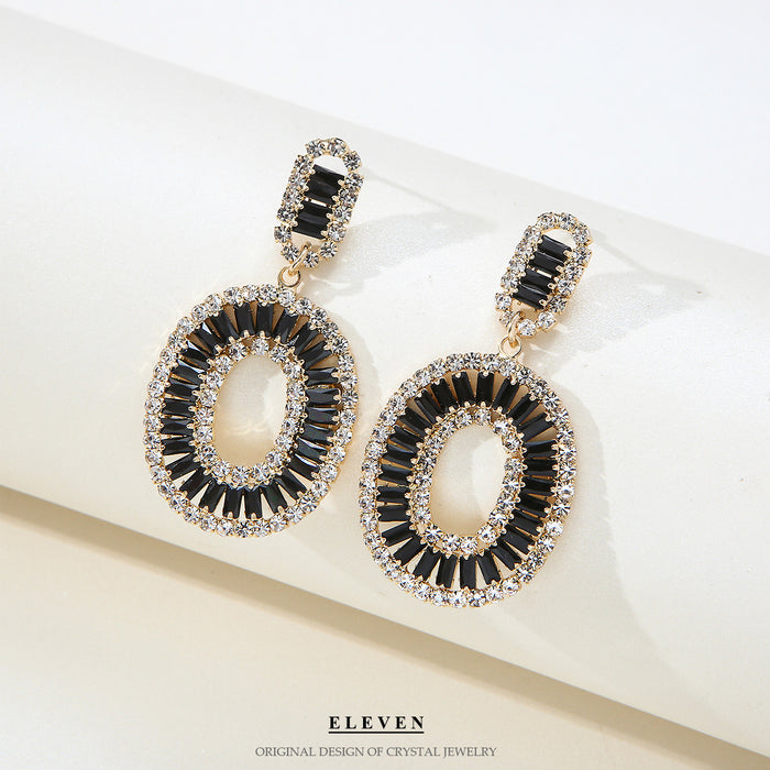 Silver Zircon Oval Earrings - Vintage Exaggerated Studs for a Luxurious Look
