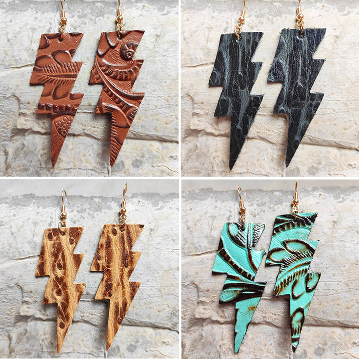 Vintage Embossed Leather Lightning Earrings with Western Cowboy Style