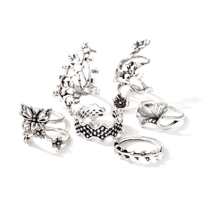 Bohemian style leaf hollow flower butterfly ring 7-piece set