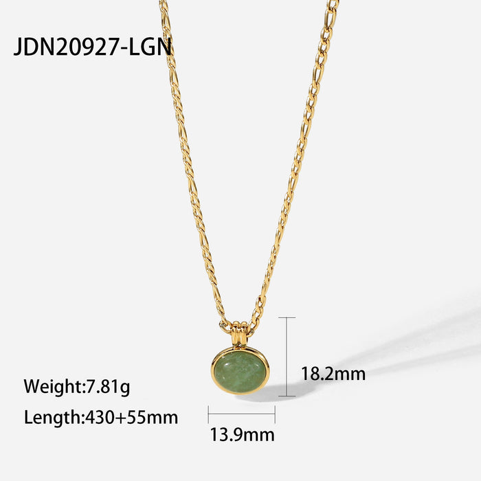 14K Gold-Plated Figaro Chain Necklace with Green Aventurine Pendant - Retro Stainless Steel Clavicle Chain